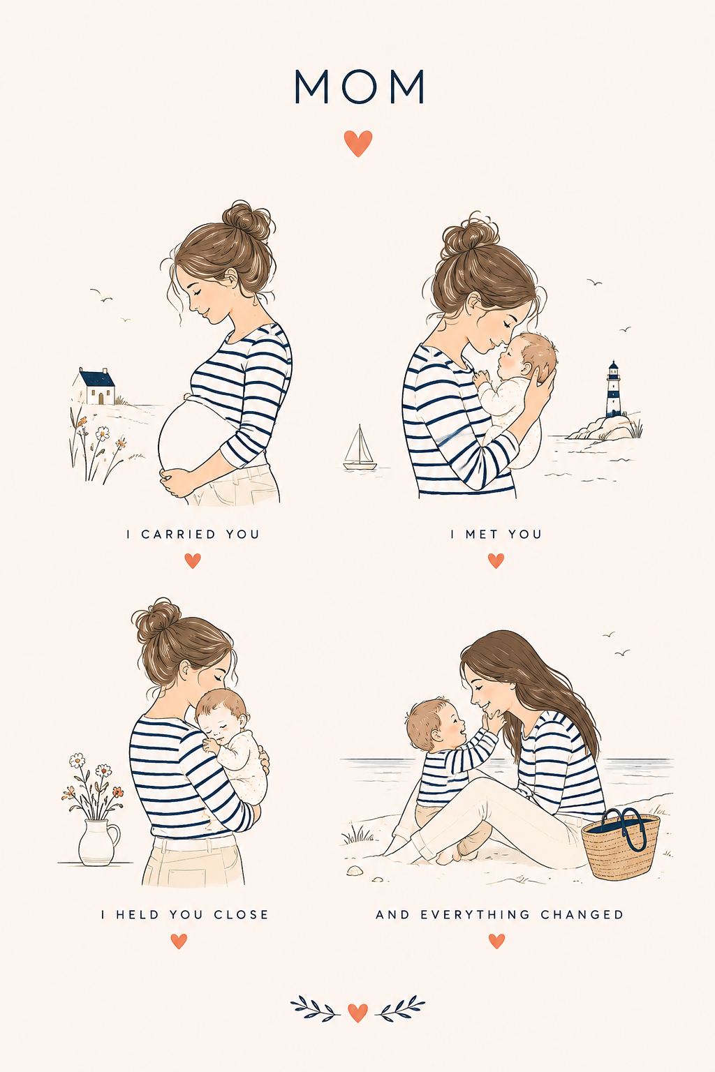 Affiche MAMAN — AND EVERYTHING CHANGED : quatre scènes illustrées d'une maman en marinière et son bébé, fond crème et cœurs marine